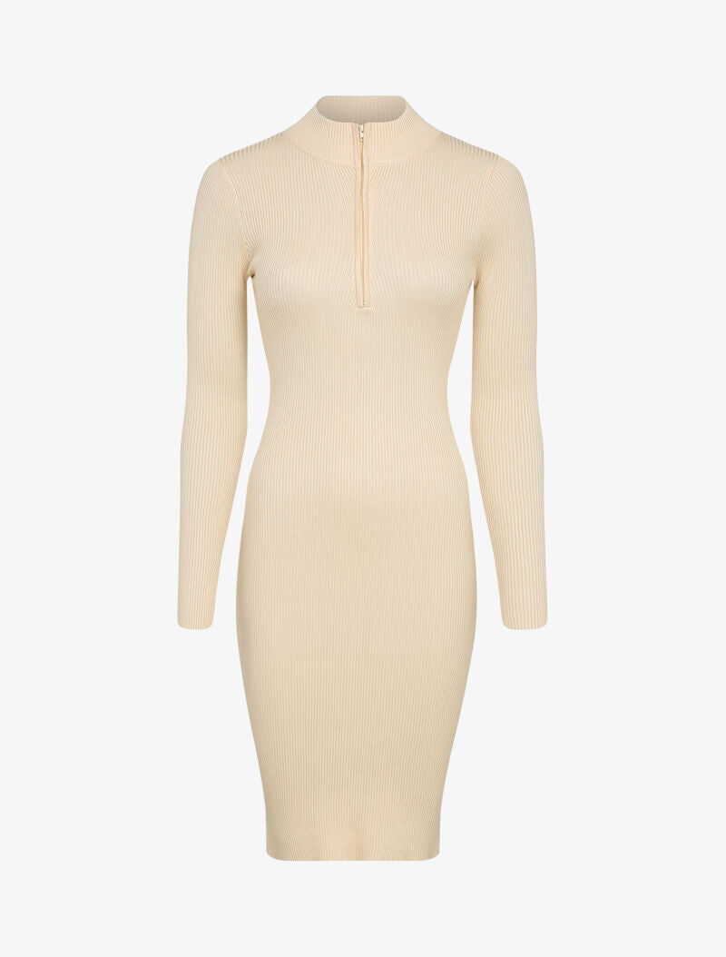 Robe pull côtelée à col montant zippé - Beige - 1