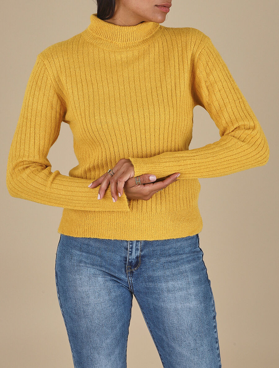 Pull en laine mélangée à col roulé - Jaune moutarde - 4