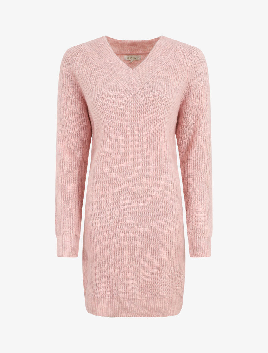Robe pull à col en V - Rose - 1