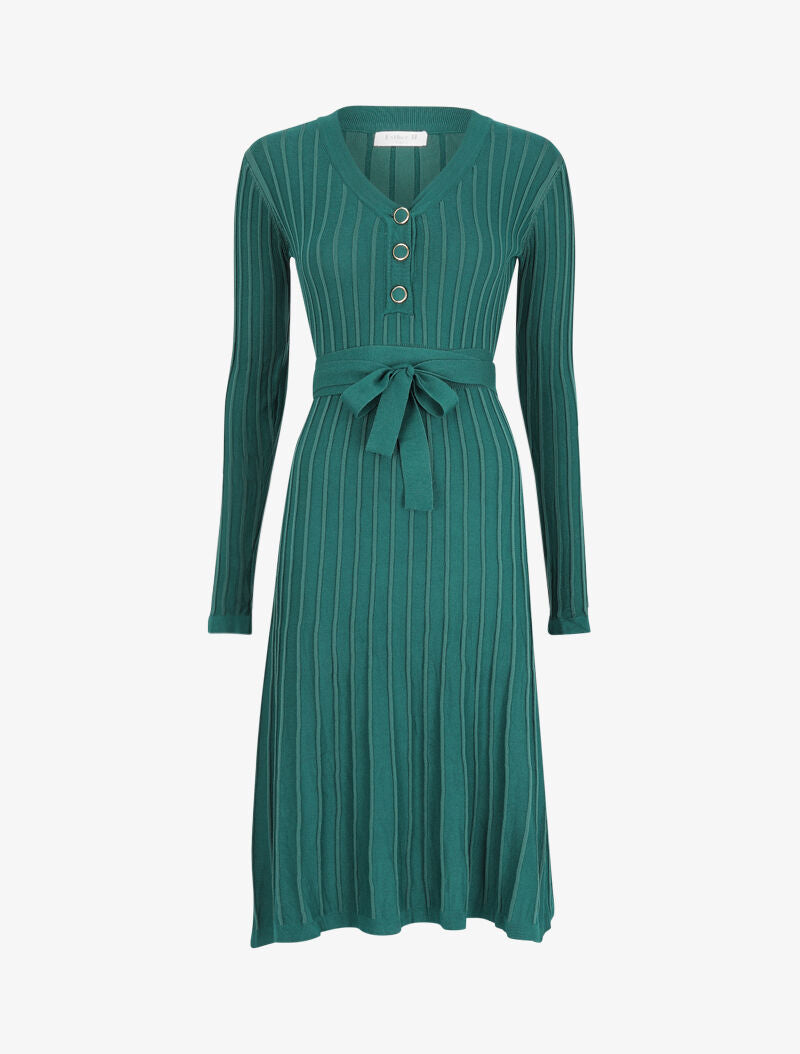 Robe pull côtelée coupe patineuse - Vert sapin - 1