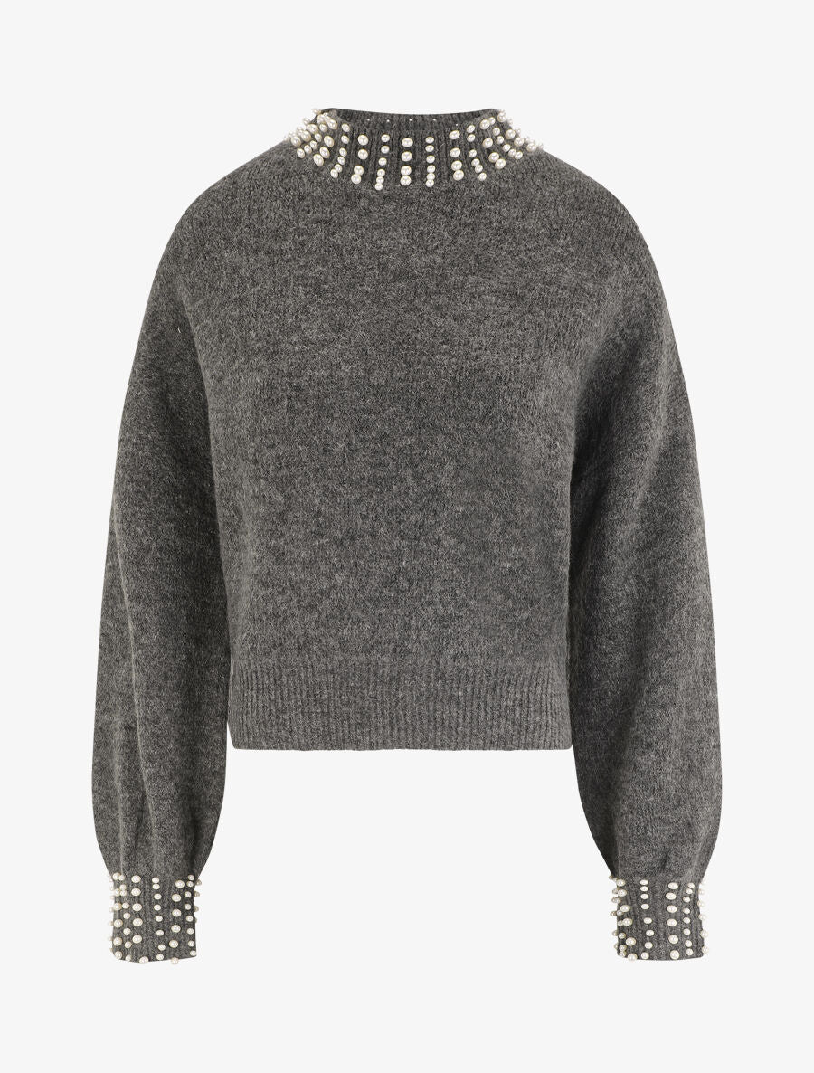 Pull col à perles - Gris - 5