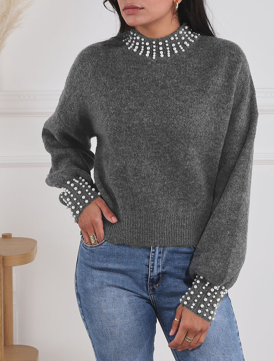 Pull col à perles - Gris - 4