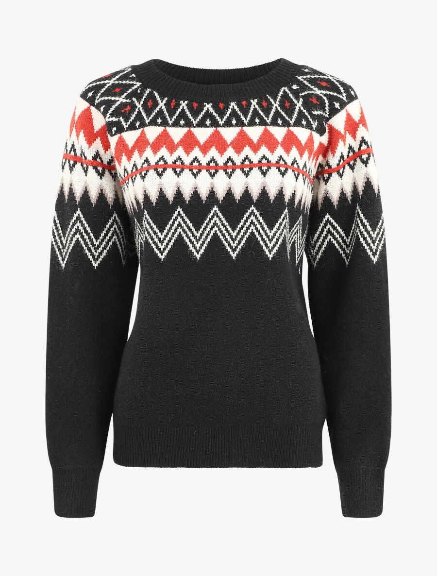 Pull col rond à motif jacquard - Noir - 1