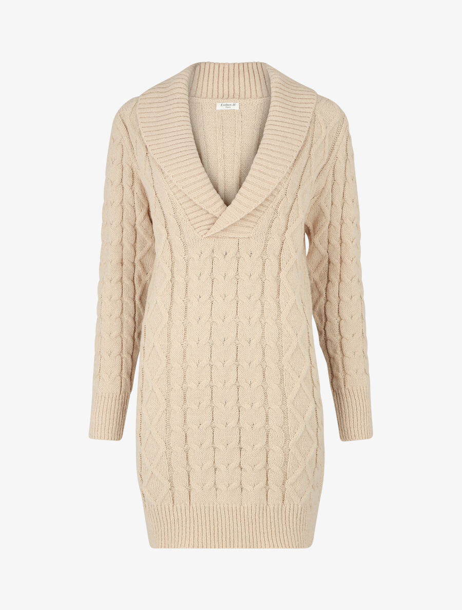 Robe pull courte à col châle - Beige - 1