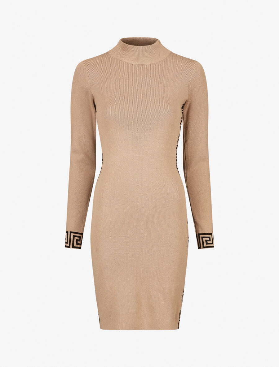 Robe pull à col montant et motifs grec - Beige - 1