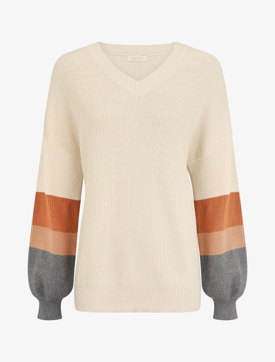Pull oversize manches longues rayées - Beige - 1