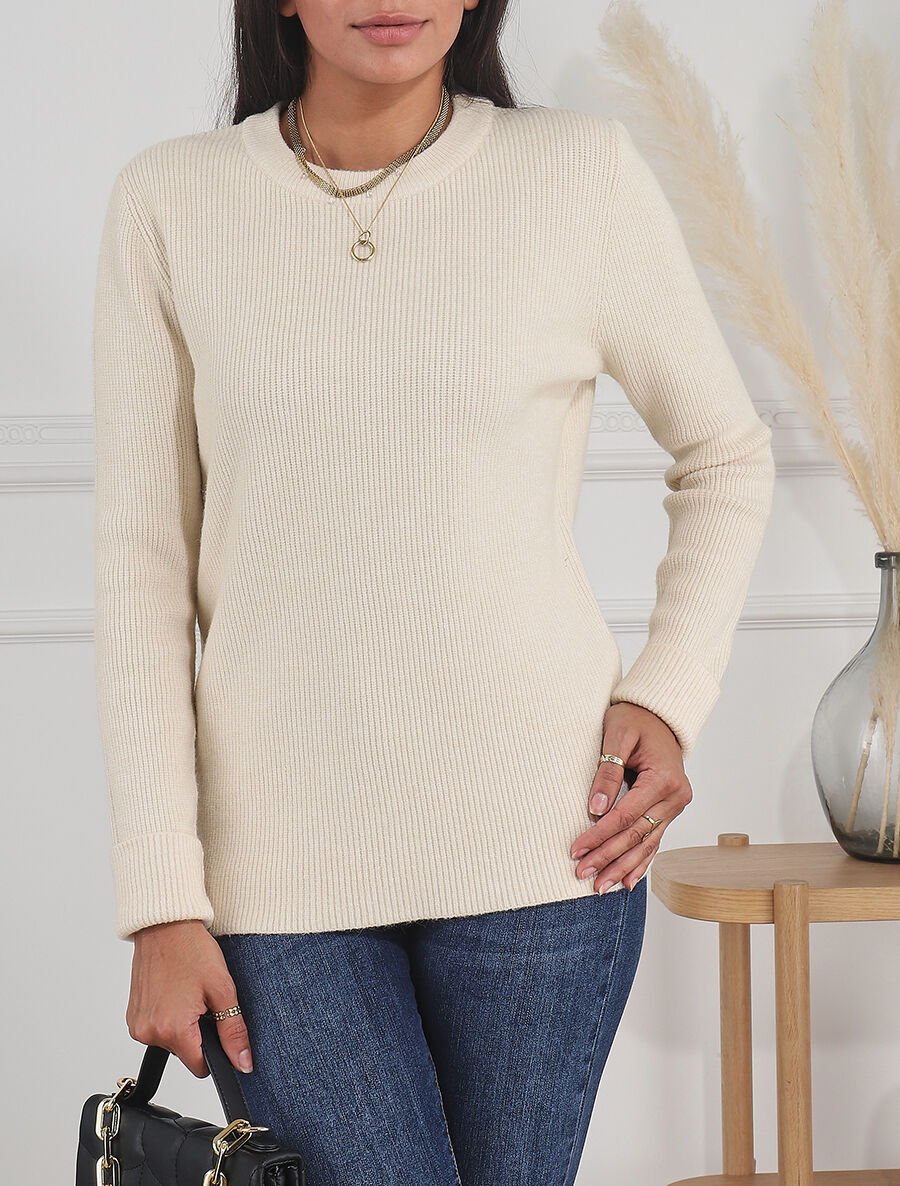 Pull droit côtelé en laine mélangée - Beige - 4