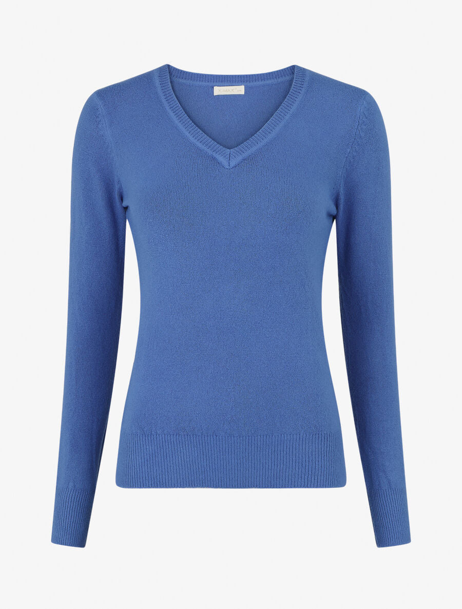 Pull en laine mélangée à col V - Bleu - 1
