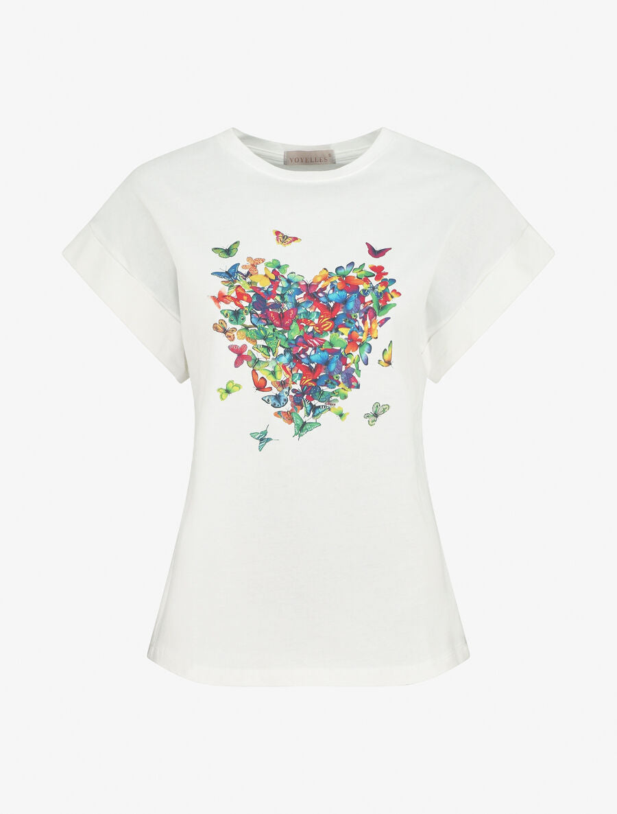 T-shirt à manches courtes imprimé papillons en coeur - Blanc - 5