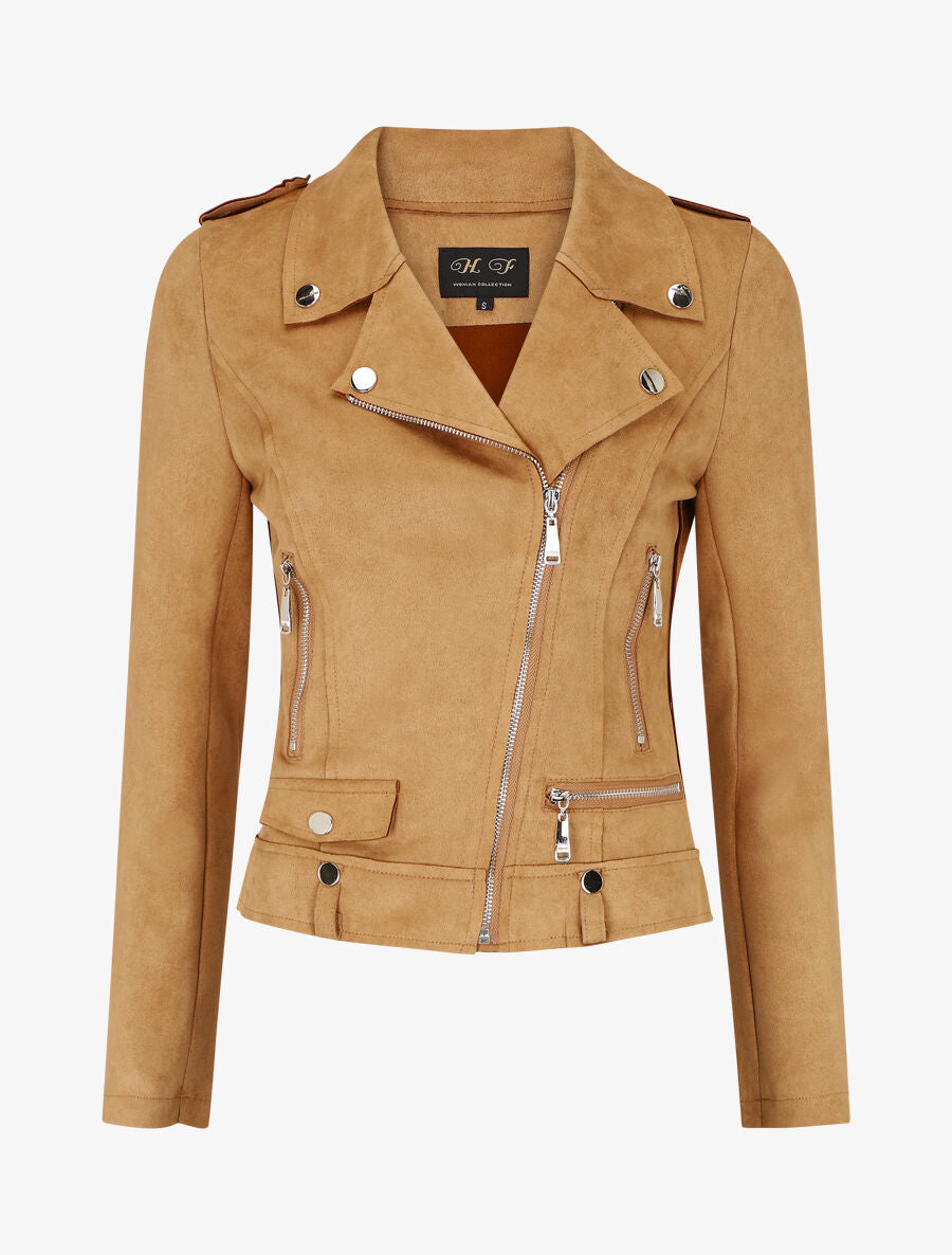 Veste en suédine style perfecto à zip - Camel clair - 1