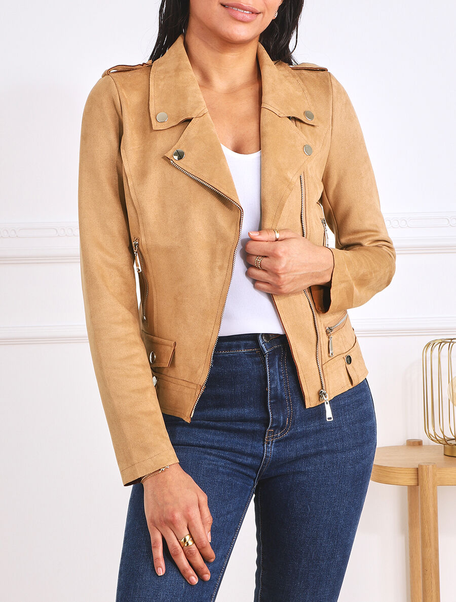 Veste en suédine style perfecto à zip - Camel clair - 4