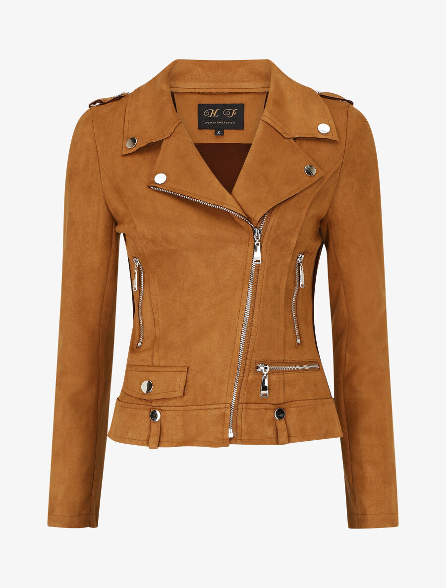 Veste en suédine style perfecto à zip - Camel foncé - 5