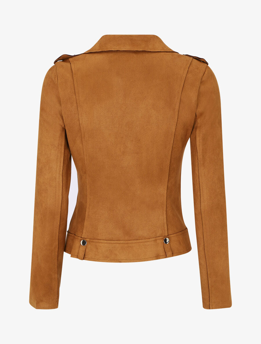Veste en suédine style perfecto à zip - Camel foncé - 2