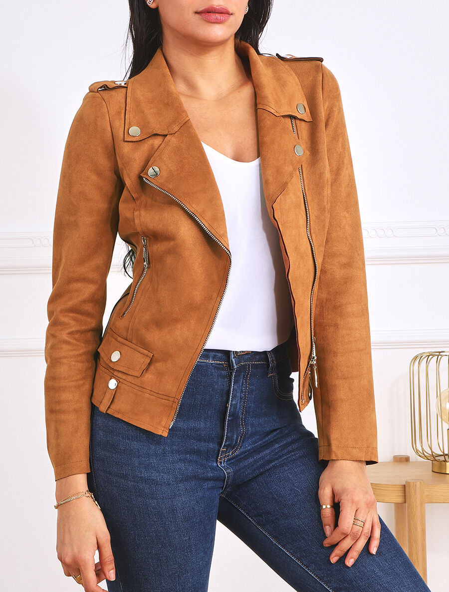 Veste en suédine style perfecto à zip - Camel foncé - 4