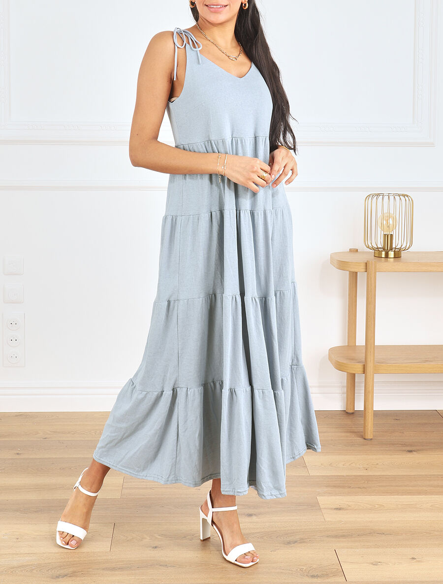Robe longue à fines bretelles à nouer aux épaules - Bleu ciel - 4