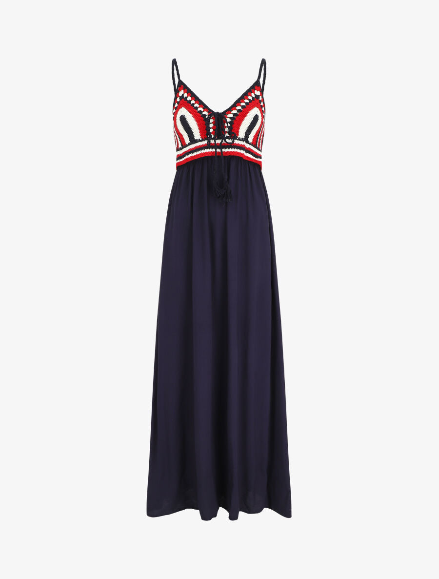 Robe longue à buste brodé - Marine - 5