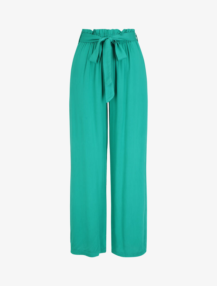 Pantalon droit uni taille haute élastiquée - Vert - 1