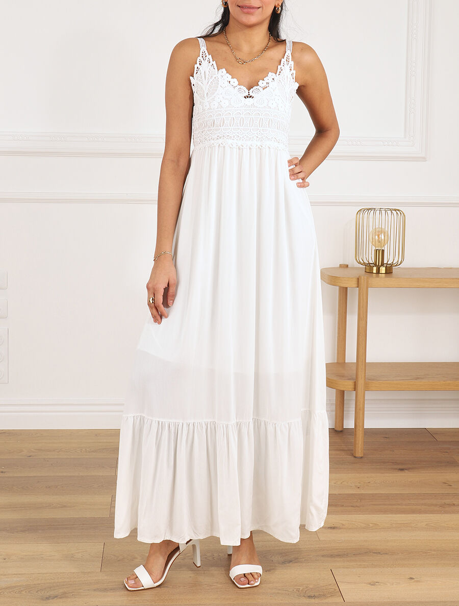 Robe longue à bretelles et col en dentelle - Blanc - 4