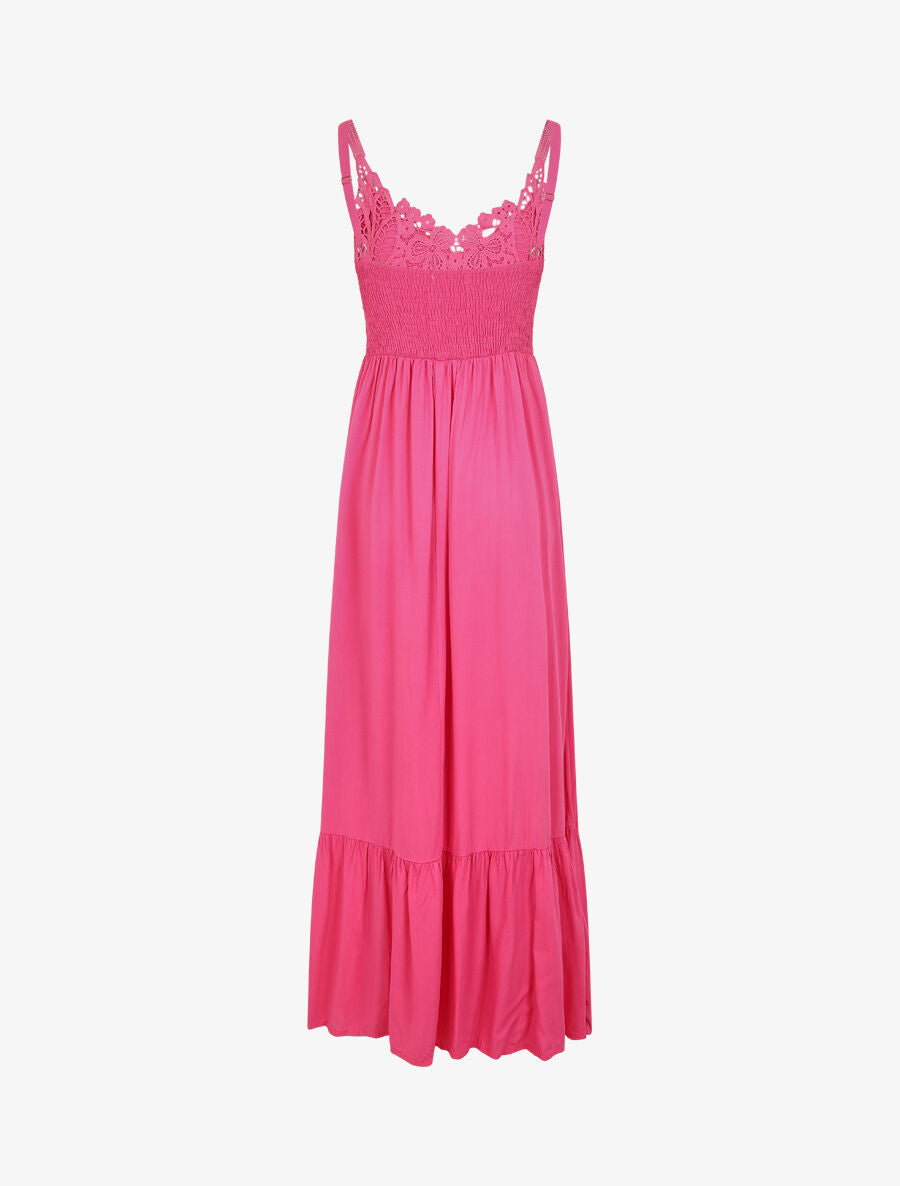 Robe longue à bretelles et col en dentelle - Fuschia - 2