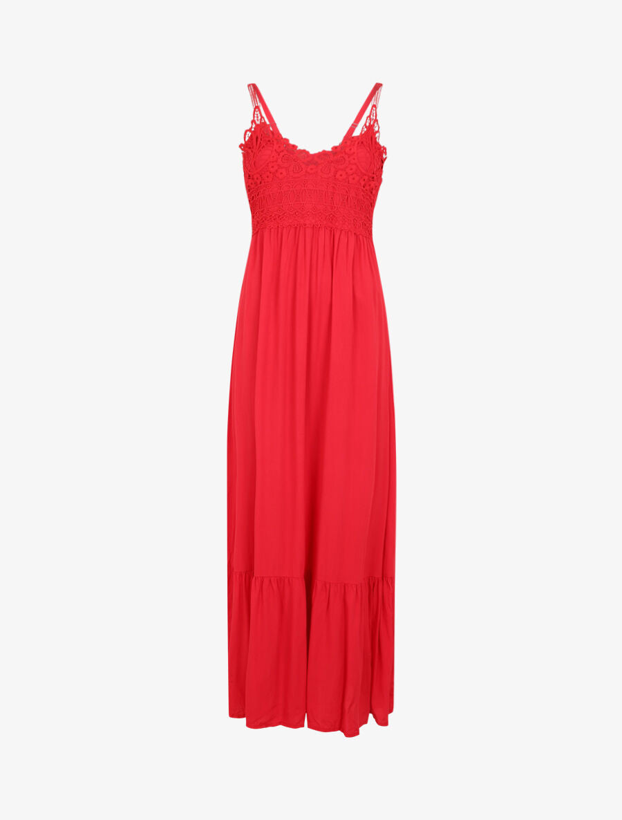 Robe longue à bretelles et col en dentelle - Rouge - 5