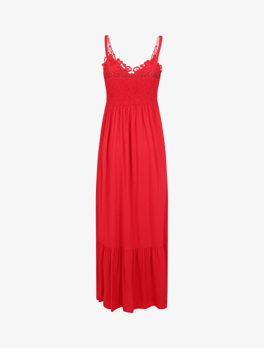 Robe longue à bretelles et col en dentelle - Rouge - 2