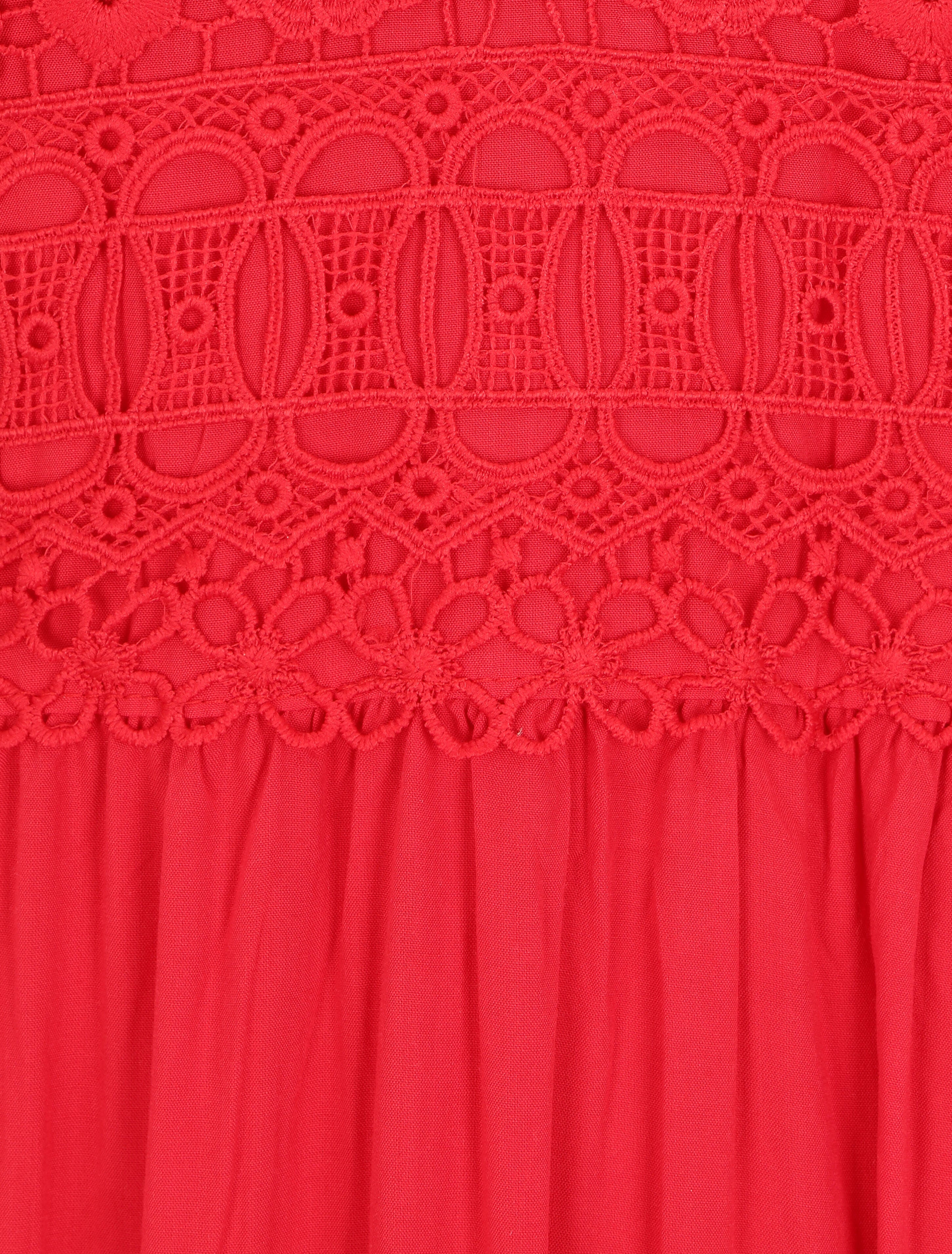 Robe longue à bretelles et col en dentelle - Rouge - 3