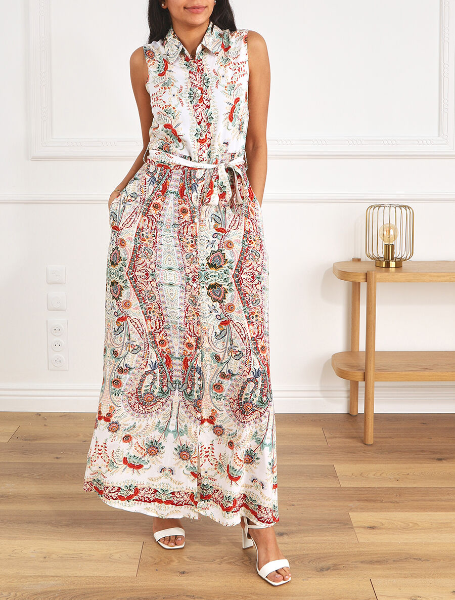 Robe longue sans manches imprimé fleurs stylisées - Beige - 4