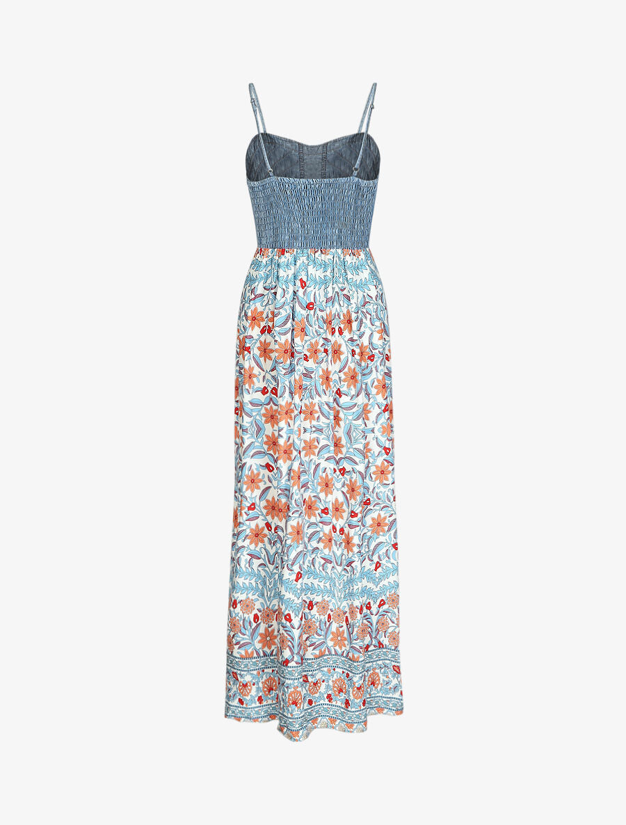 Robe longue bi-matière imprimé fleuri - Blanc - 2