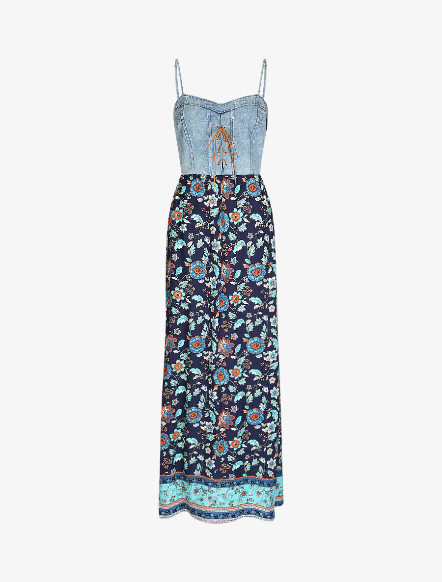 Robe longue bi-matière imprimé fleurs fantaisies - Marine - 1