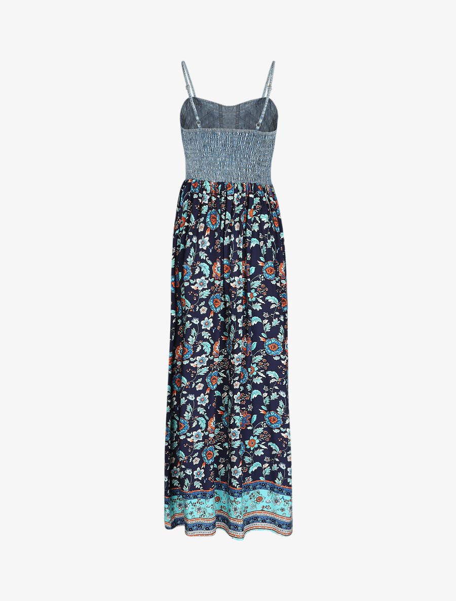 Robe longue bi-matière imprimé fleurs fantaisies - Marine - 2