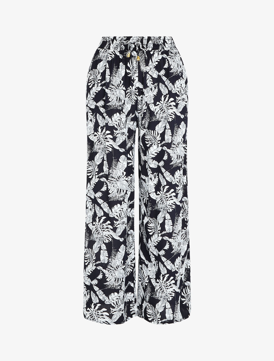 Pantalon ample imprimé feuillage à taille élastiquée - Marine - 5