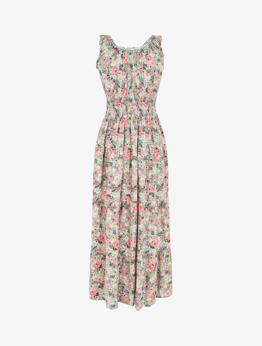 Robe longue évasée fleuri sans manches - Vert - 2