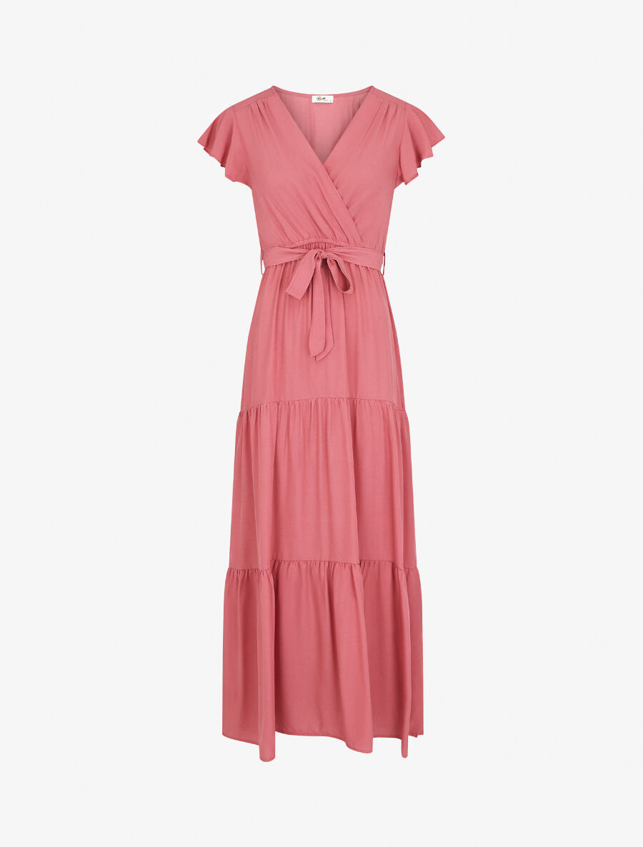 Robe longue unie manches courtes - Rose - 1