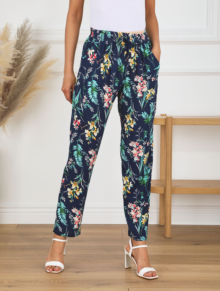 Pantalon droit motif floral - Marine - 4