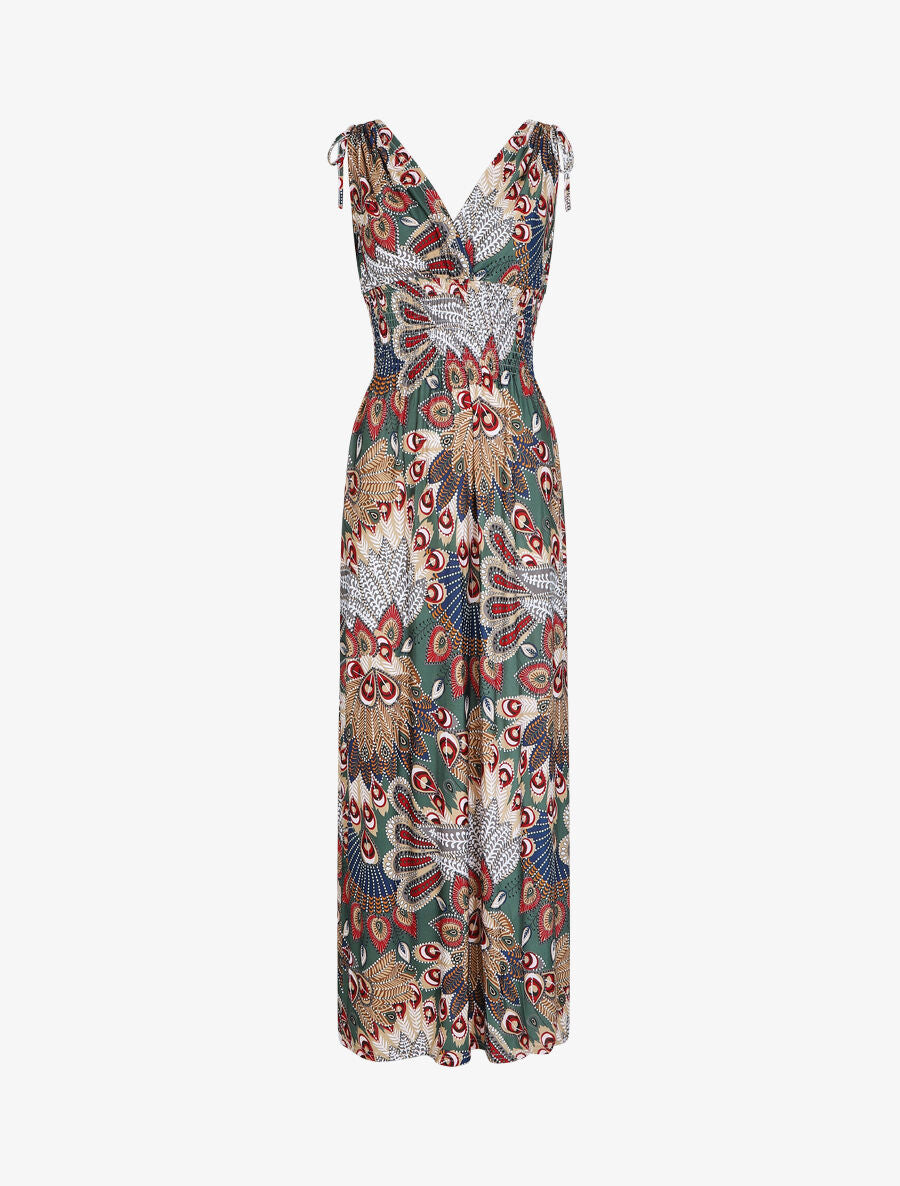 Robe longue à bretelles imprimé plume de paon - Vert/bleu - 1