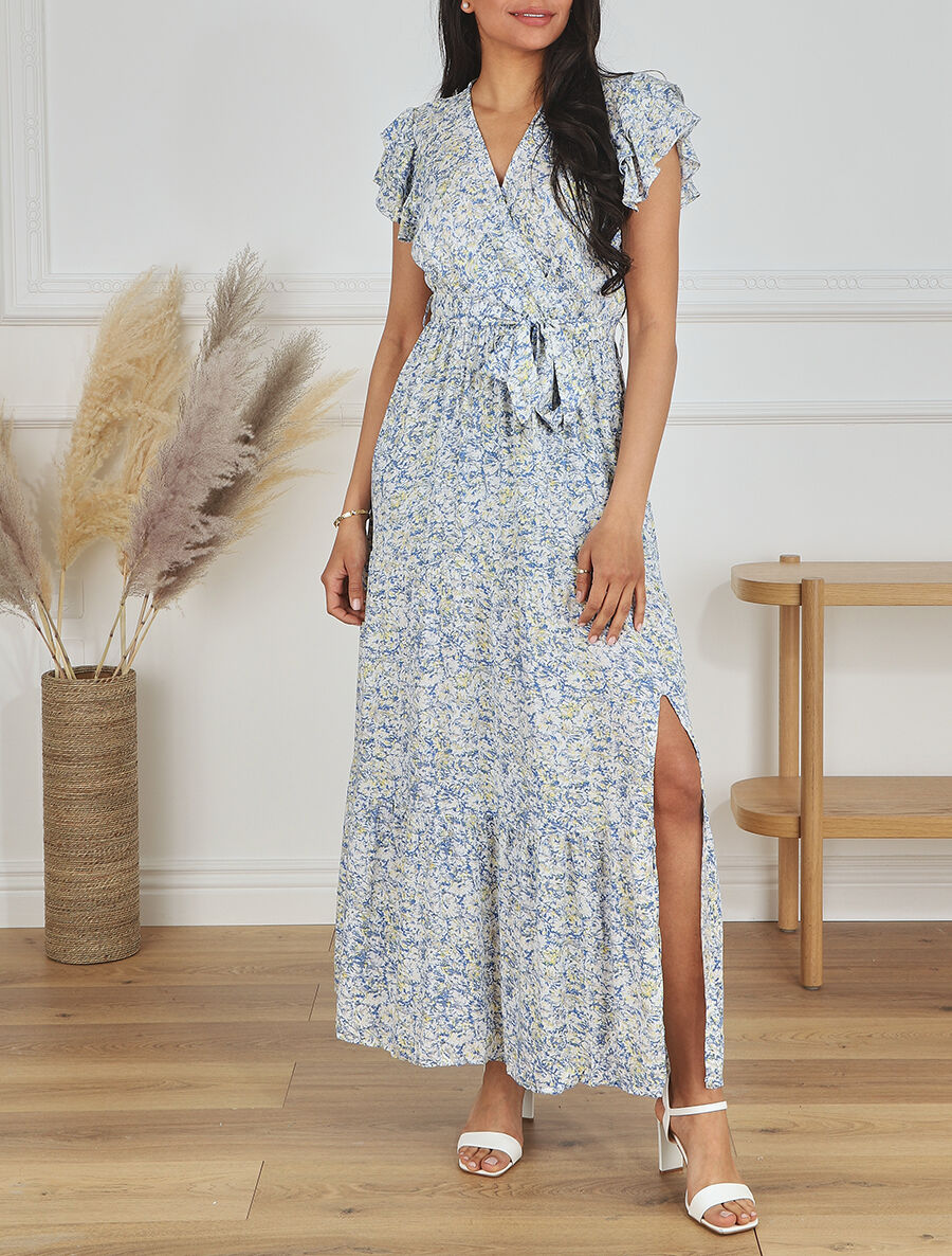 Robe longue fendue imprimé fleuri - Bleu - 4