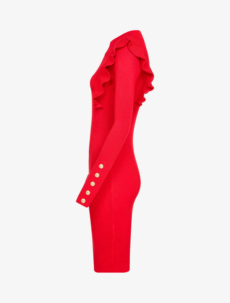 Robe côtelée à épaules volantées - Rouge - 3
