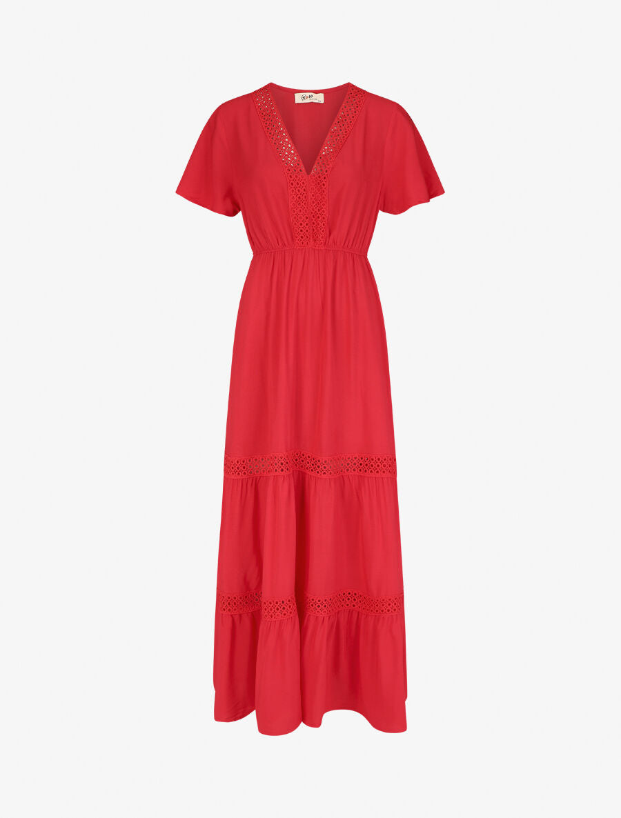 Robe longue unie à manches courtes - Rouge - 1