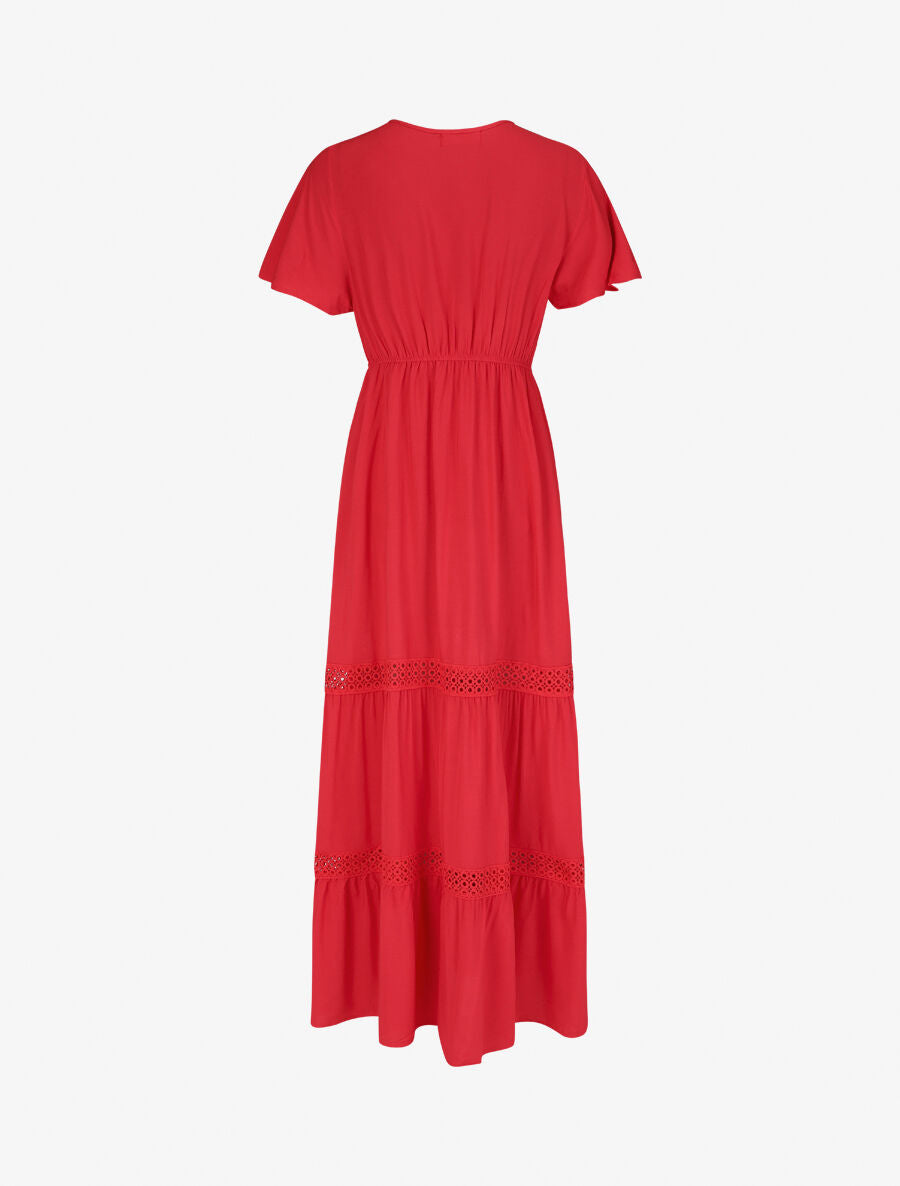 Robe longue unie à manches courtes - Rouge - 2