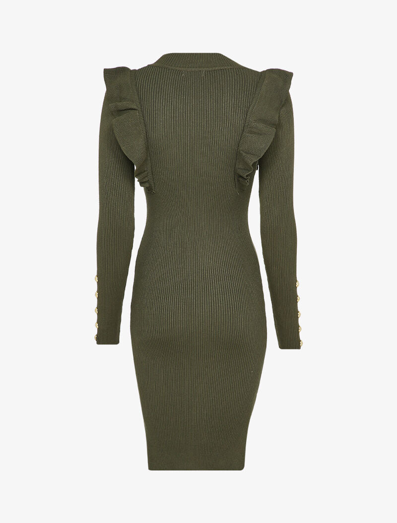 Robe côtelée à épaules volantées - Kaki - 2