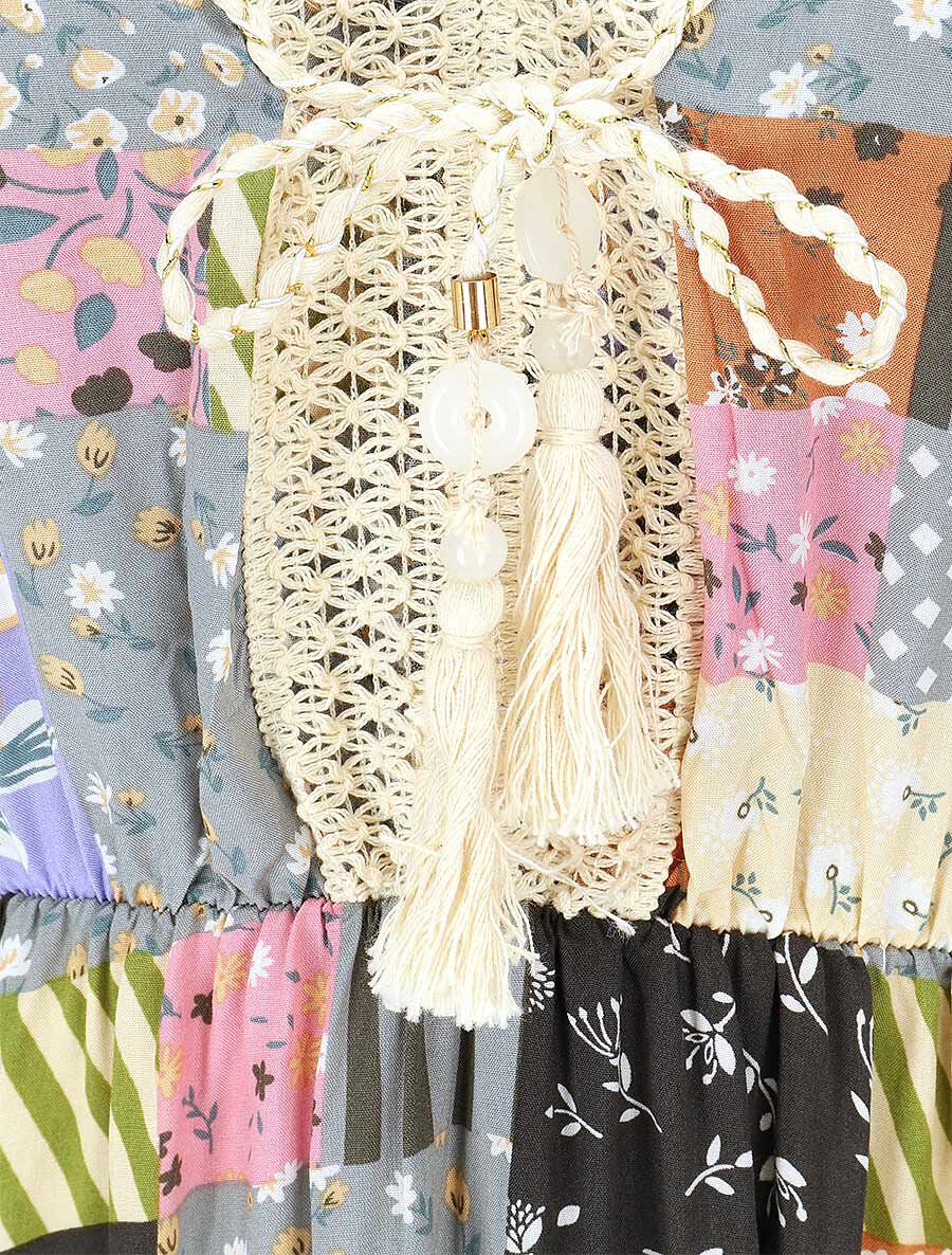 Robe imprimé patchwork à détail pampilles - Noir - 3