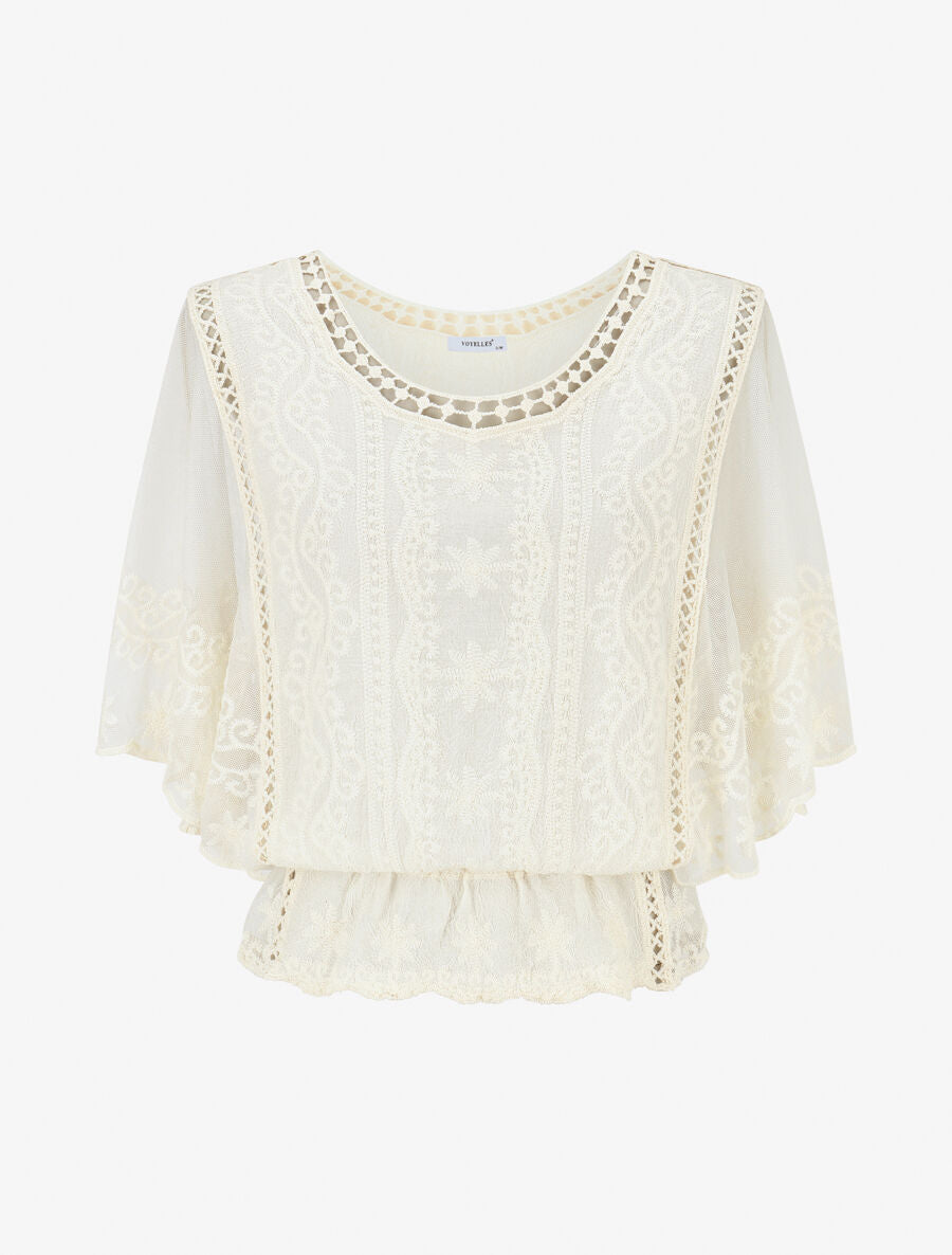 Blouse unie en résille et brodée - Beige - 4