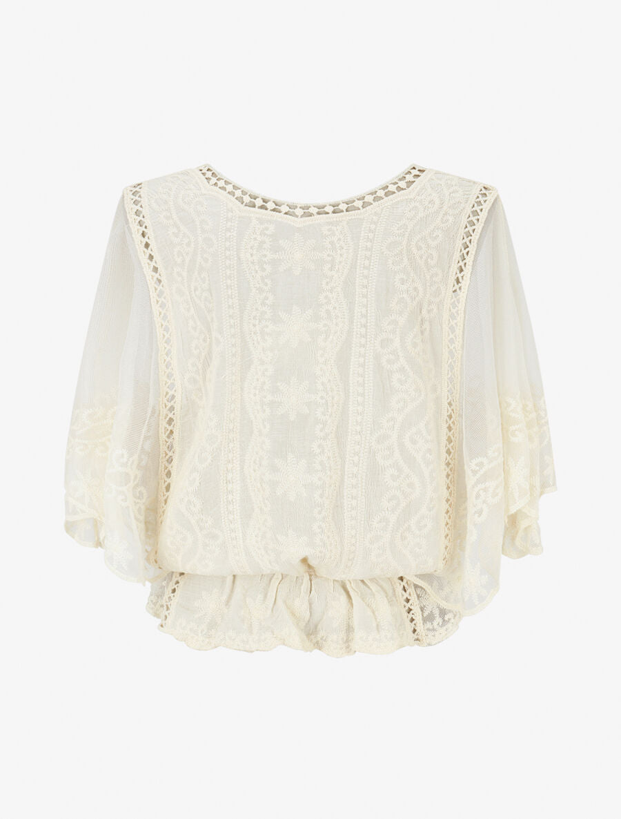 Blouse unie en résille et brodée - Beige - 2