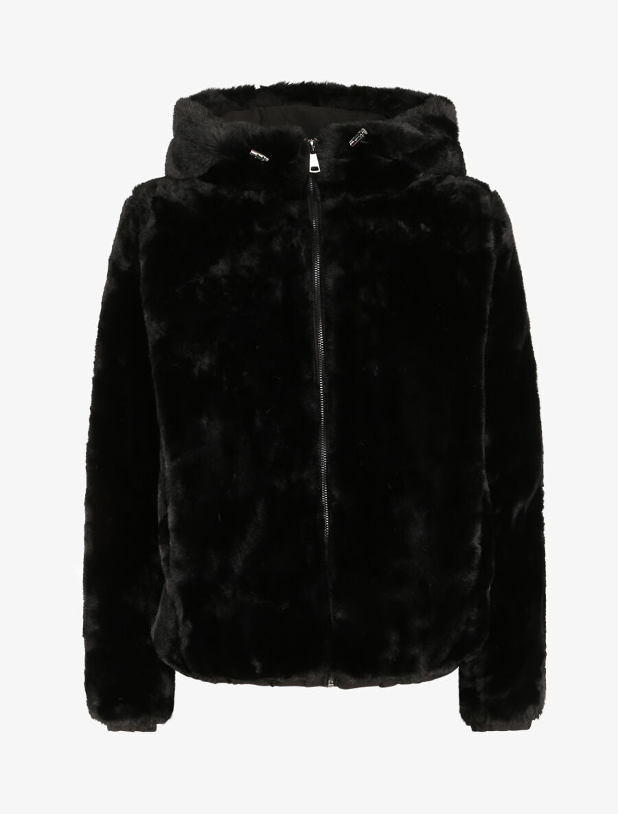 Manteau à capuche en fausse fourrure - Noir - 1