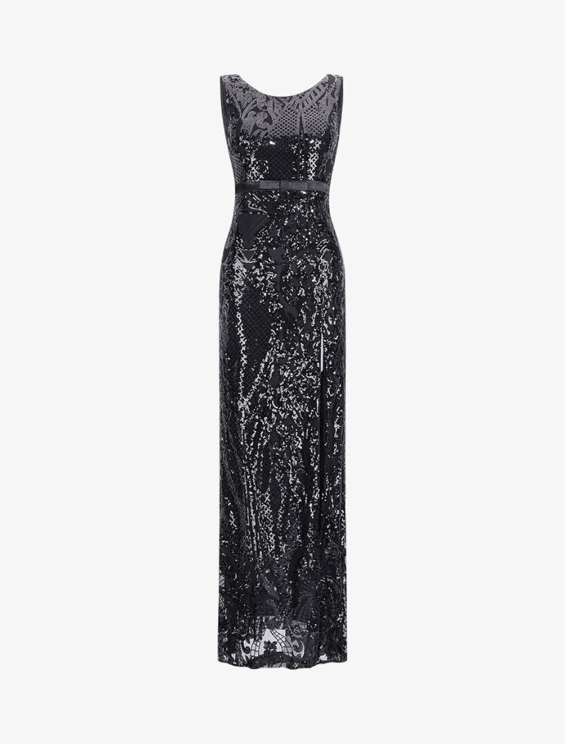 Robe longue fendue à sequins et décolleté dans le dos - Noir - 1