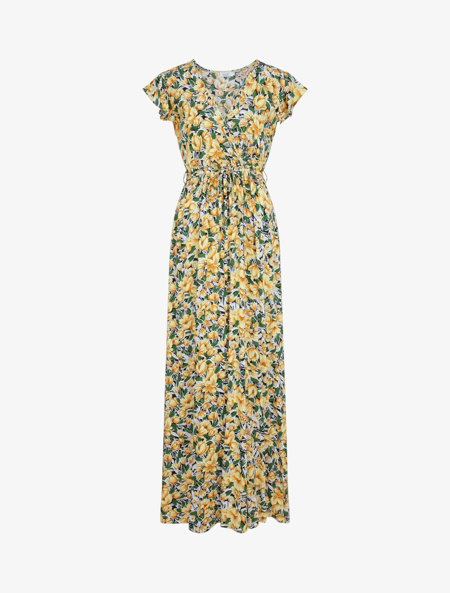 Robe longue empire à mancherons imprimé tulipes - Jaune - 5