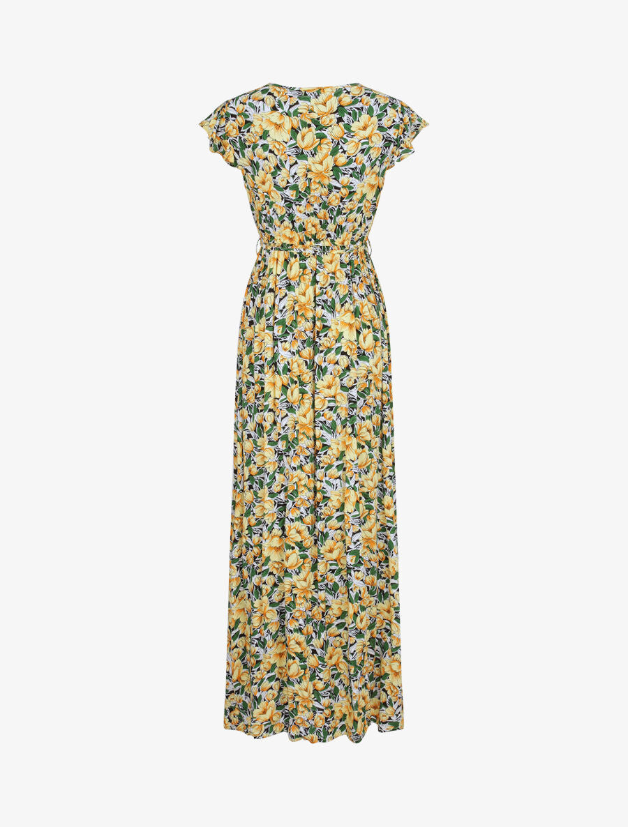 Robe longue empire à mancherons imprimé tulipes - Jaune - 2