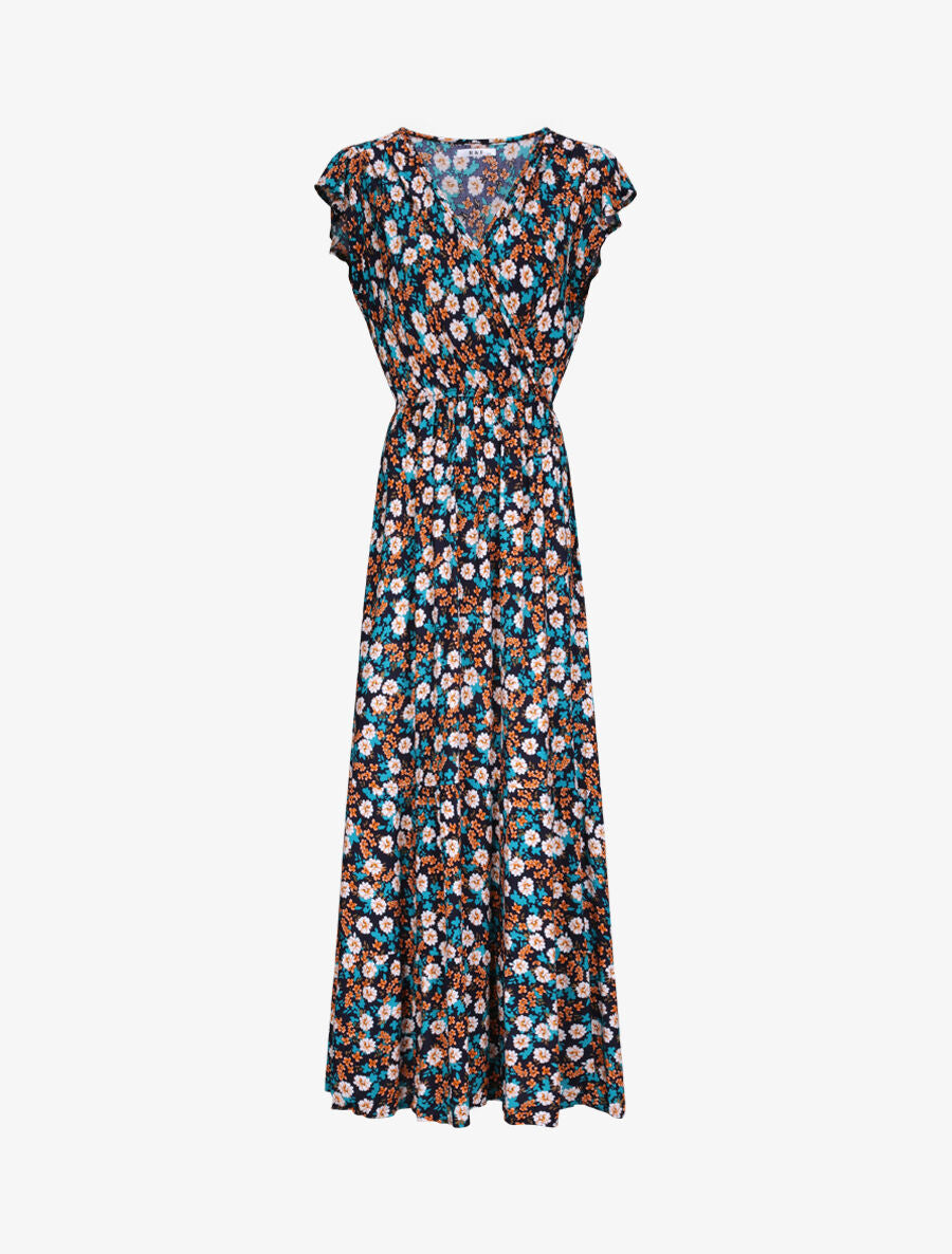 Robe longue à imprimé fleurs printanières - Marine - 2