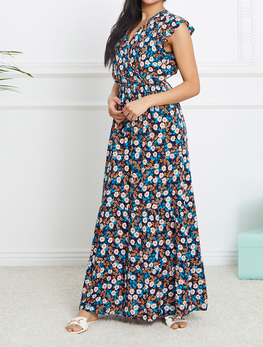Robe longue à imprimé fleurs printanières - Marine - 5
