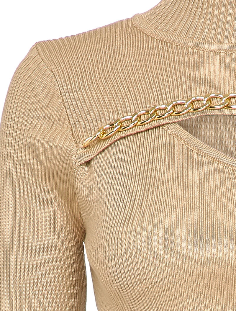 Pull côtelé à décolleté asymétrique et détail chaîne - Beige - 3